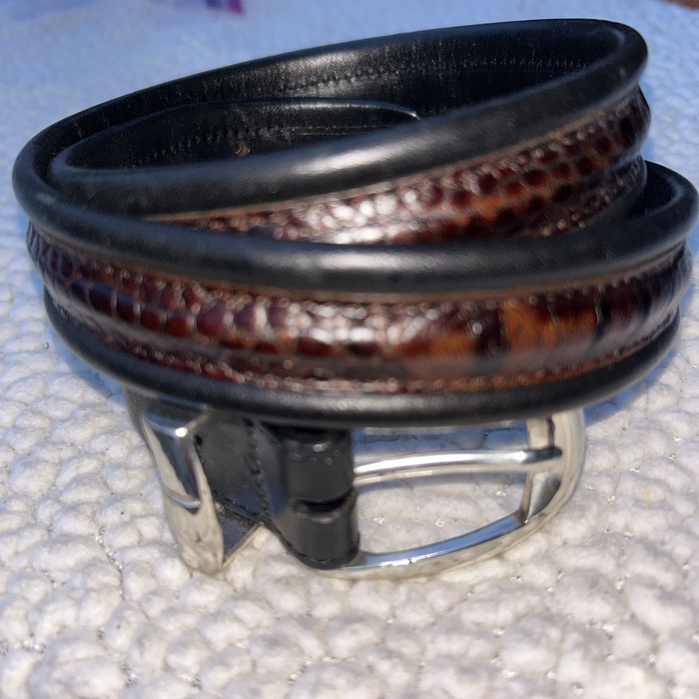 Brighton‎ Mens 32 Brown Croc Embossed Inlay Black Leather Belt 98080 Silver Bkl